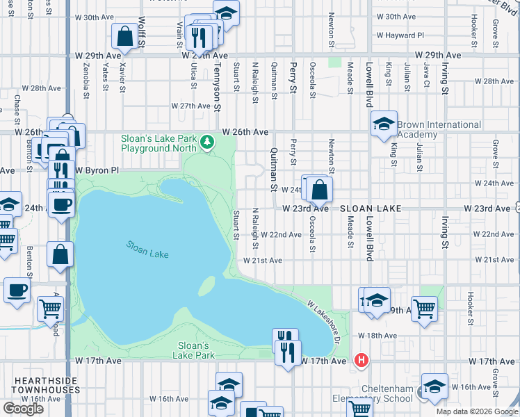 map of restaurants, bars, coffee shops, grocery stores, and more near 2317 Raleigh Street in Denver