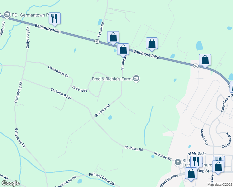 map of restaurants, bars, coffee shops, grocery stores, and more near 165 Saint Johns Road in Littlestown