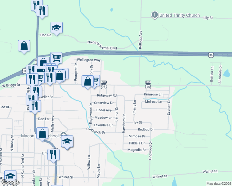 map of restaurants, bars, coffee shops, grocery stores, and more near 1604 Havenwood Road in Macon