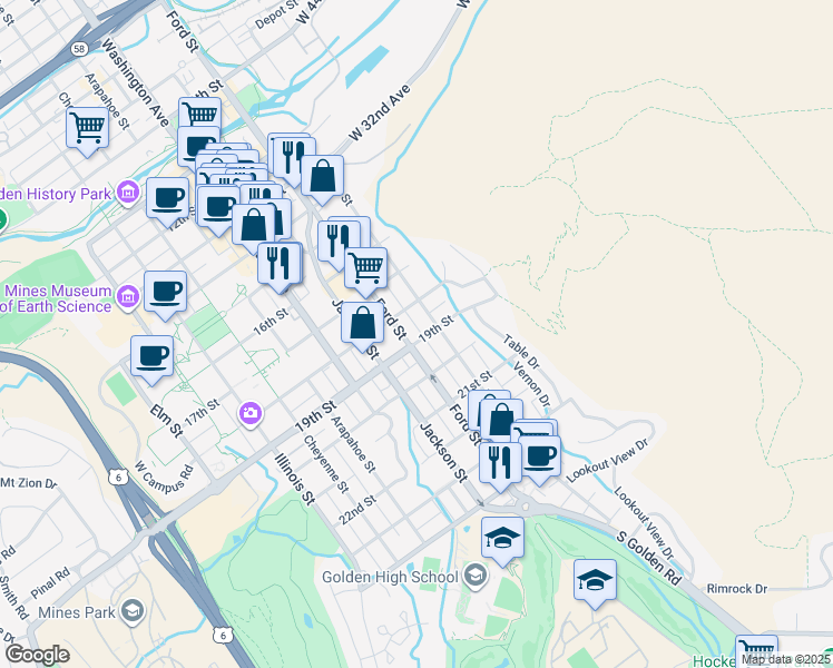 map of restaurants, bars, coffee shops, grocery stores, and more near 500 19th Street in Golden