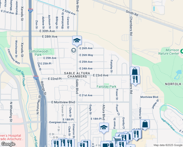 map of restaurants, bars, coffee shops, grocery stores, and more near 14719 East 23rd Avenue in Aurora