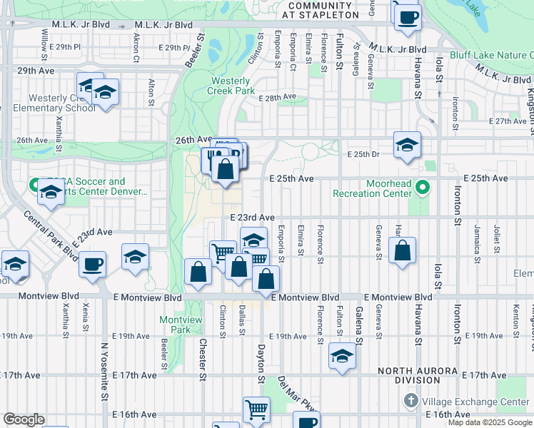map of restaurants, bars, coffee shops, grocery stores, and more near 2302 Dayton Street in Aurora