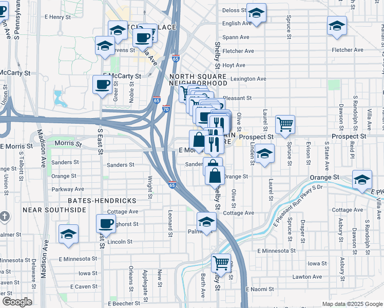 map of restaurants, bars, coffee shops, grocery stores, and more near 945 East Morris Street in Indianapolis