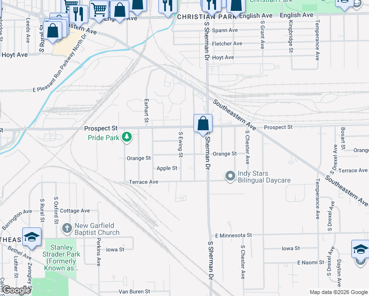 map of restaurants, bars, coffee shops, grocery stores, and more near 3565 East Morris Street in Indianapolis