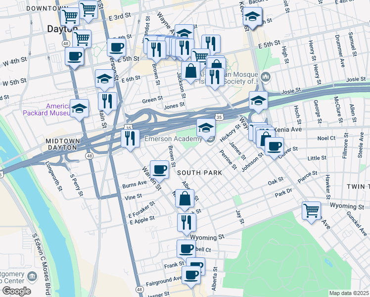 map of restaurants, bars, coffee shops, grocery stores, and more near 415 Burns Avenue in Dayton