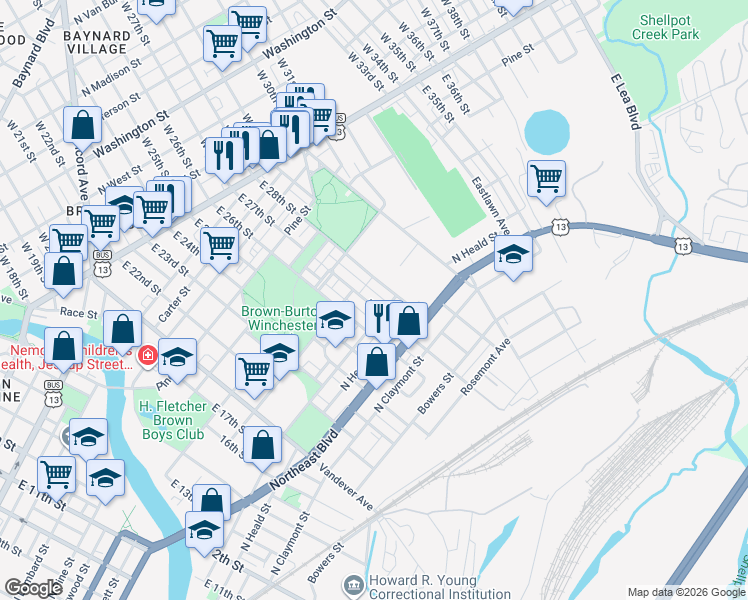 map of restaurants, bars, coffee shops, grocery stores, and more near 841 East 27th Street in Wilmington