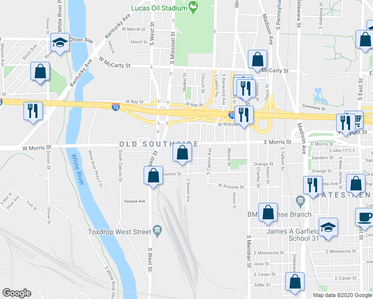 map of restaurants, bars, coffee shops, grocery stores, and more near 1214 South Senate Avenue in Indianapolis