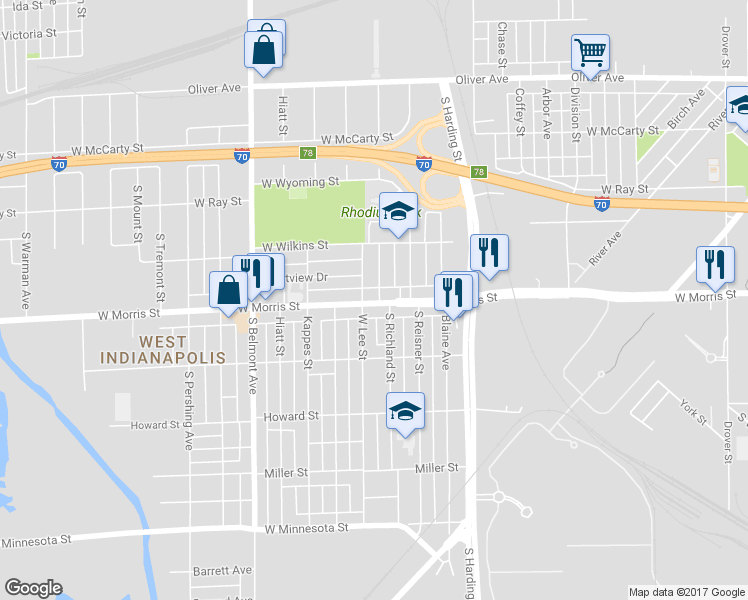 map of restaurants, bars, coffee shops, grocery stores, and more near 1744 West Morris Street in Indianapolis