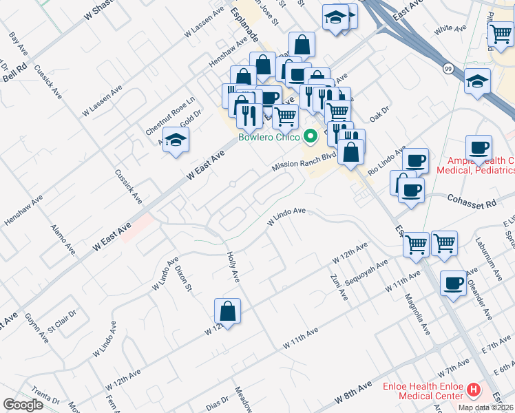 map of restaurants, bars, coffee shops, grocery stores, and more near 244 Mission Serra Terrace in Chico