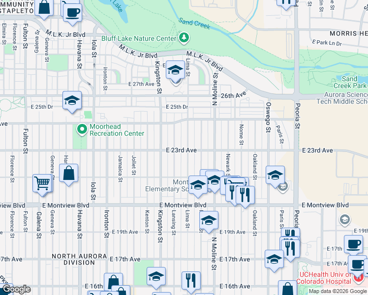 map of restaurants, bars, coffee shops, grocery stores, and more near 11275 East 23rd Avenue in Aurora