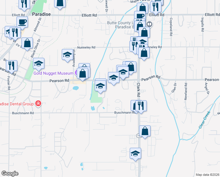 map of restaurants, bars, coffee shops, grocery stores, and more near 588 Pearson Road in Paradise