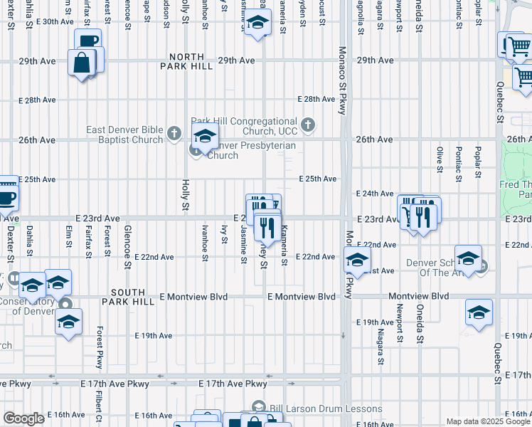 map of restaurants, bars, coffee shops, grocery stores, and more near 2300 Kearney Street in Denver