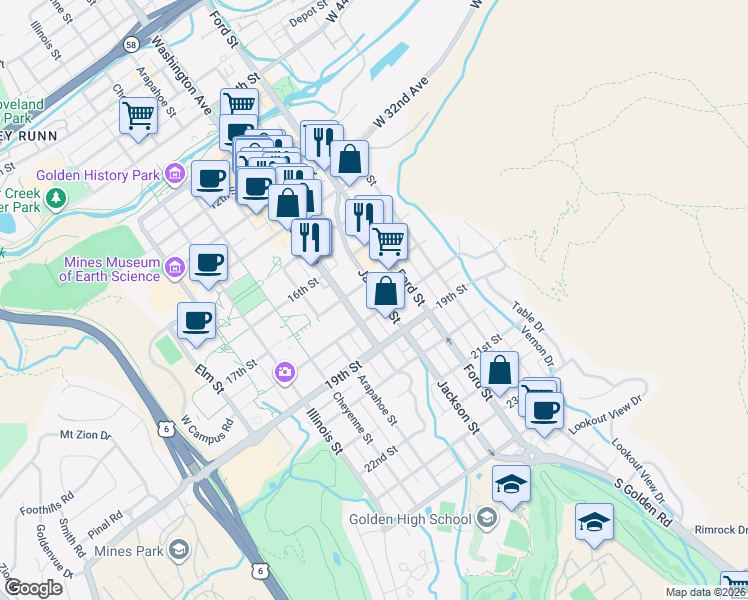 map of restaurants, bars, coffee shops, grocery stores, and more near 1750 Jackson Street in Golden