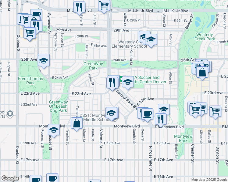 map of restaurants, bars, coffee shops, grocery stores, and more near 2389 Verbena Street in Denver