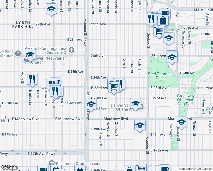 map of restaurants, bars, coffee shops, grocery stores, and more near 2310 Niagara Street in Denver