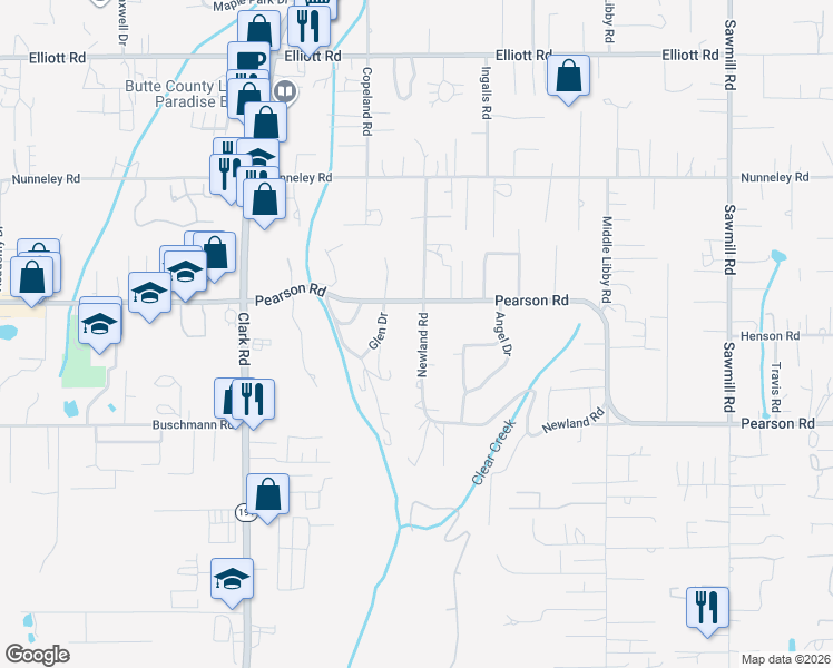 map of restaurants, bars, coffee shops, grocery stores, and more near 5630 Newland Road in Paradise