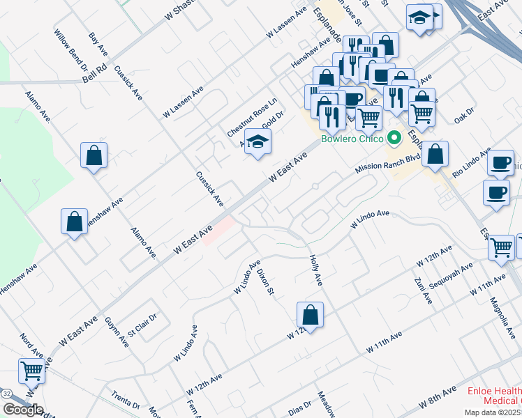 map of restaurants, bars, coffee shops, grocery stores, and more near 19 Pebblewood Pines Drive in Chico