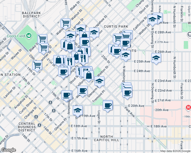 map of restaurants, bars, coffee shops, grocery stores, and more near 2260 California Street in Denver
