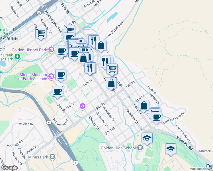 map of restaurants, bars, coffee shops, grocery stores, and more near 1750 Jackson Street in Golden