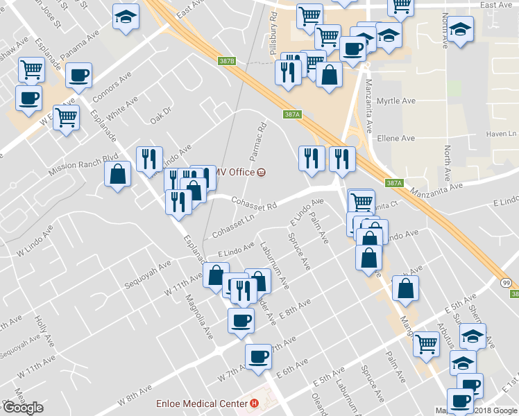 map of restaurants, bars, coffee shops, grocery stores, and more near Cohasset Rd & Cohasset Ln in Chico