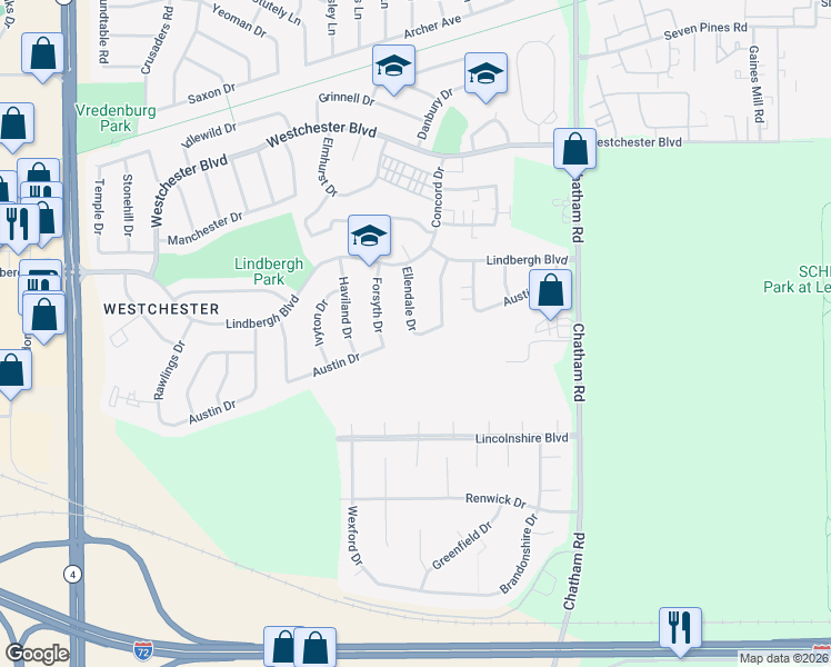 map of restaurants, bars, coffee shops, grocery stores, and more near 2299 Austin Drive in Springfield