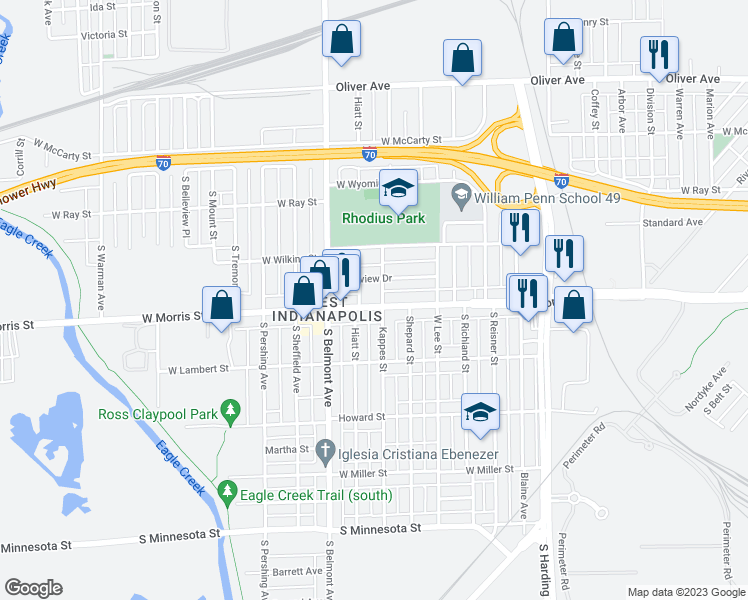 map of restaurants, bars, coffee shops, grocery stores, and more near 1130 Kappes Street in Indianapolis