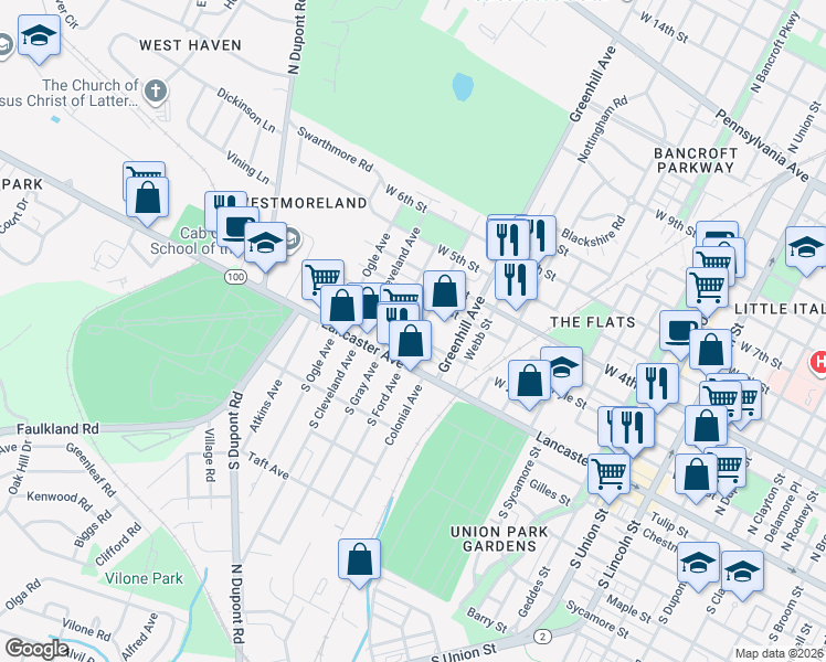 map of restaurants, bars, coffee shops, grocery stores, and more near 218 North Ford Avenue in Wilmington