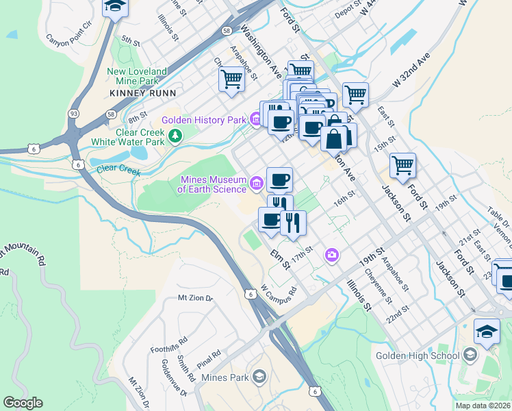 map of restaurants, bars, coffee shops, grocery stores, and more near 1318 Maple Street in Golden