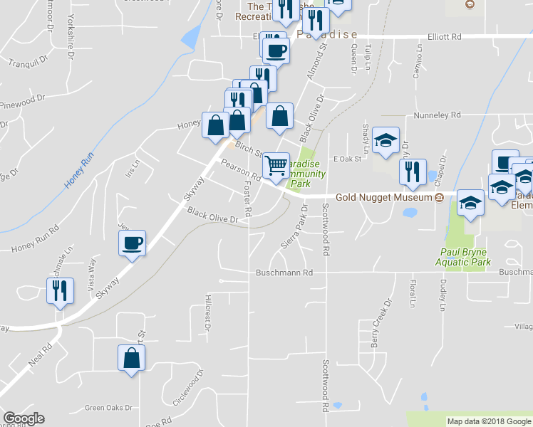 map of restaurants, bars, coffee shops, grocery stores, and more near 5384 Black Olive Drive in Paradise