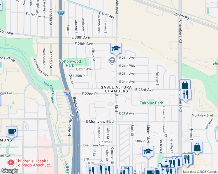 map of restaurants, bars, coffee shops, grocery stores, and more near 14304 East 24th Avenue in Aurora