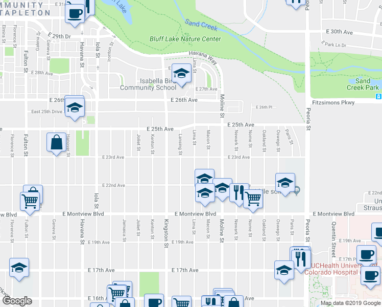 map of restaurants, bars, coffee shops, grocery stores, and more near 2316 Lima Street in Aurora