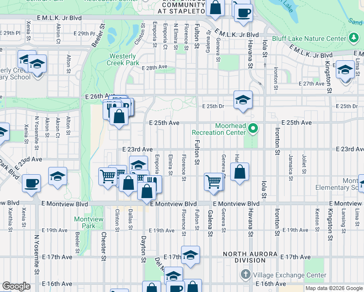map of restaurants, bars, coffee shops, grocery stores, and more near 2324 Elmira Street in Aurora