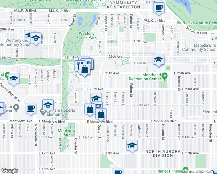 map of restaurants, bars, coffee shops, grocery stores, and more near 2306 Emporia Street in Aurora