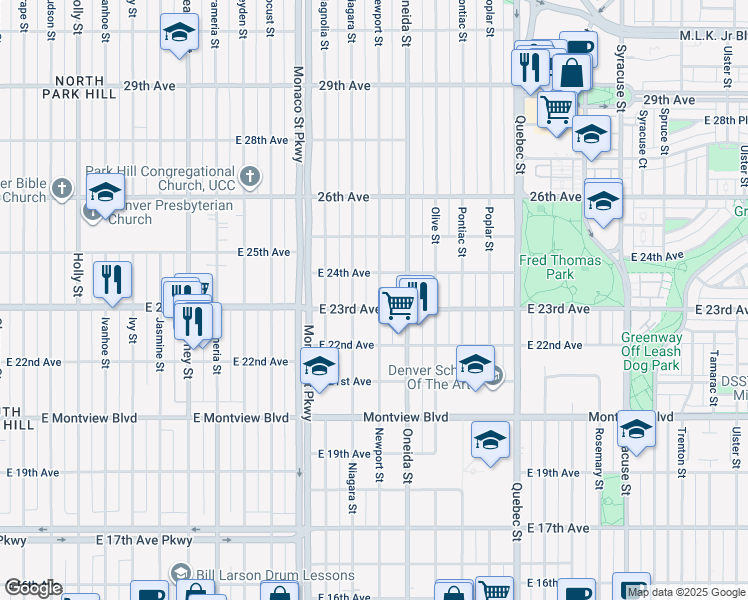 map of restaurants, bars, coffee shops, grocery stores, and more near 2310 Niagara Street in Denver