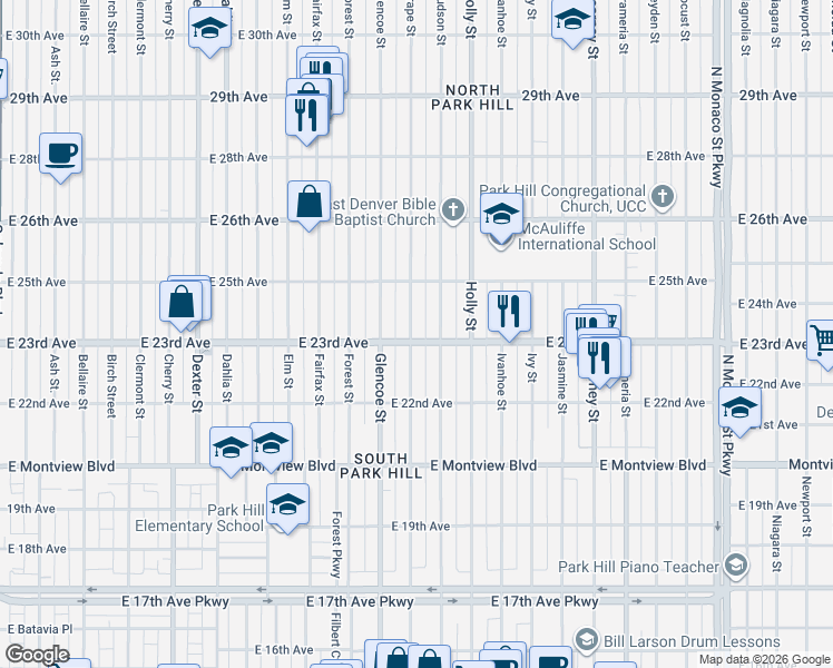 map of restaurants, bars, coffee shops, grocery stores, and more near 2309 Grape Street in Denver
