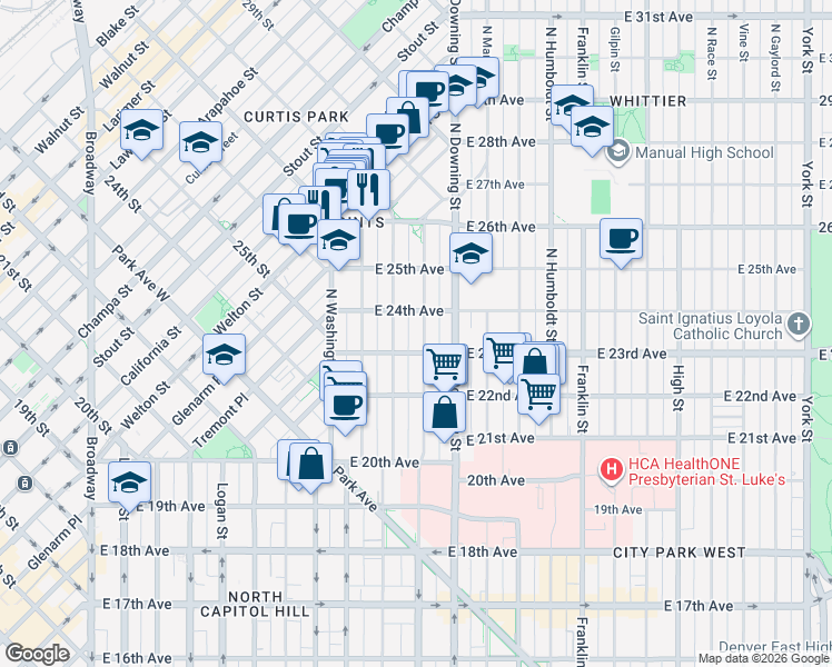 map of restaurants, bars, coffee shops, grocery stores, and more near 2342 North Ogden Street in Denver