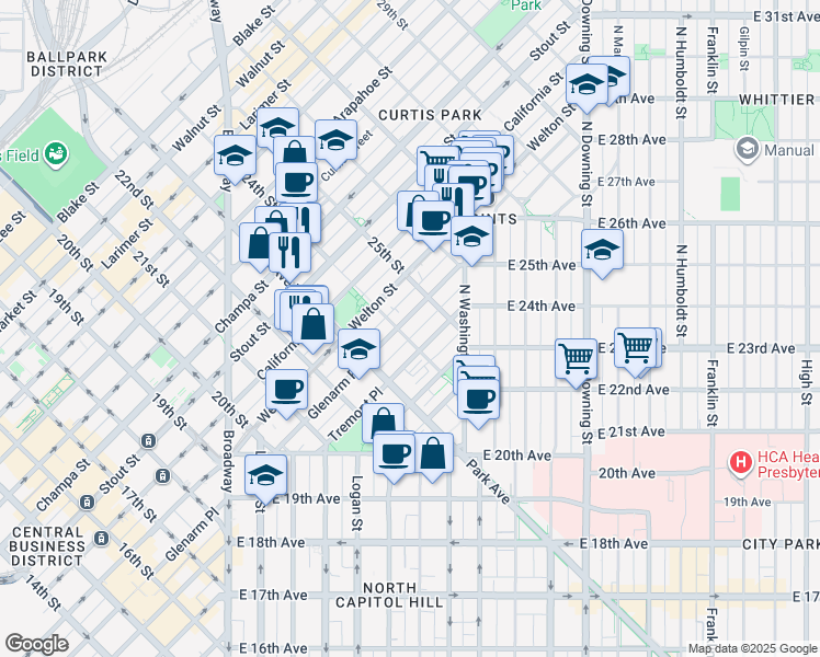 map of restaurants, bars, coffee shops, grocery stores, and more near 471 24th Street in Denver