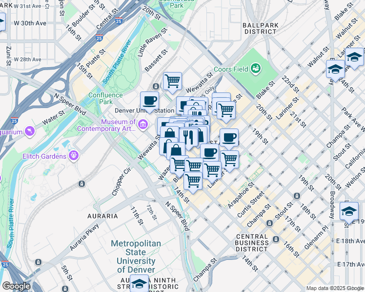 map of restaurants, bars, coffee shops, grocery stores, and more near in Denver