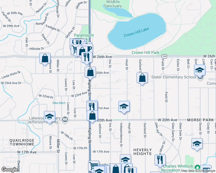 map of restaurants, bars, coffee shops, grocery stores, and more near 2319 Iris Street in Lakewood