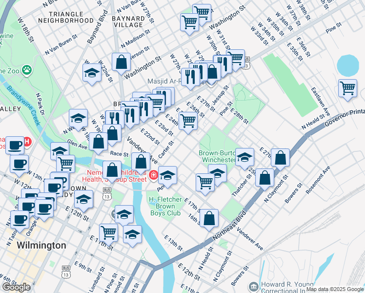 map of restaurants, bars, coffee shops, grocery stores, and more near 305 East 23rd Street in Wilmington