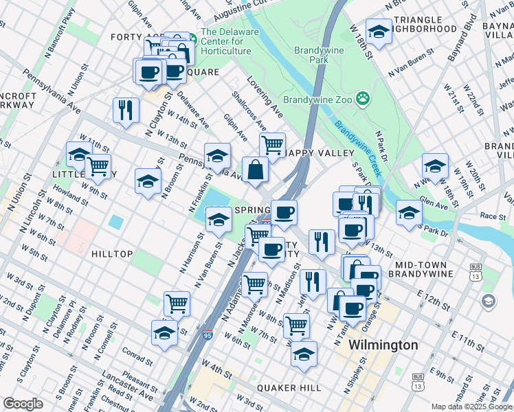 map of restaurants, bars, coffee shops, grocery stores, and more near 1011 Park Place in Wilmington