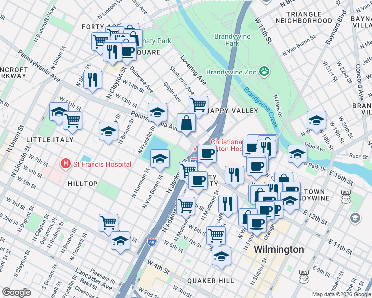 map of restaurants, bars, coffee shops, grocery stores, and more near 1011 Park Place in Wilmington