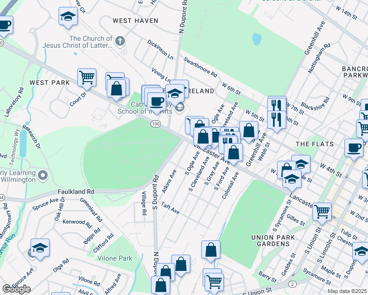 map of restaurants, bars, coffee shops, grocery stores, and more near 3112 Delaware 48 in Wilmington