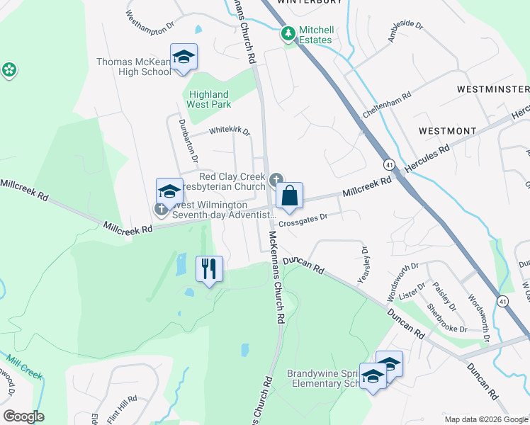 map of restaurants, bars, coffee shops, grocery stores, and more near in New Castle County