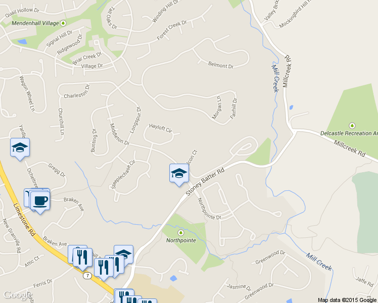 map of restaurants, bars, coffee shops, grocery stores, and more near 8 Hayloft Circle in Wilmington