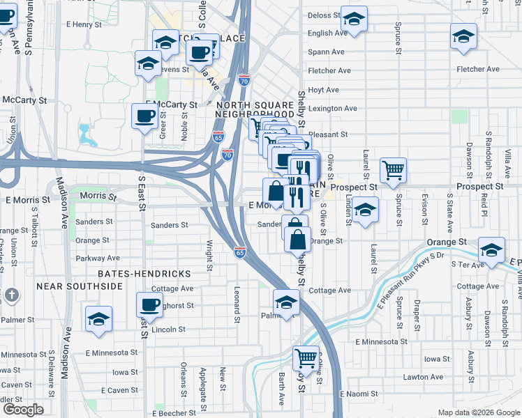 map of restaurants, bars, coffee shops, grocery stores, and more near 945 East Morris Street in Indianapolis