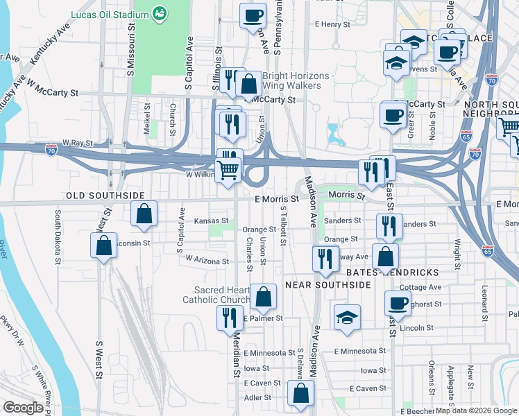 map of restaurants, bars, coffee shops, grocery stores, and more near 59 East Morris Street in Indianapolis