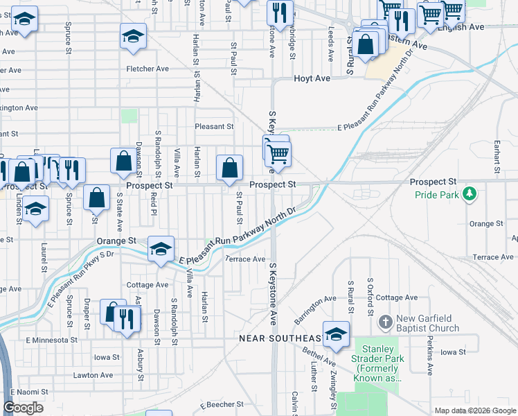 map of restaurants, bars, coffee shops, grocery stores, and more near 1137 Saint Peter Street in Indianapolis