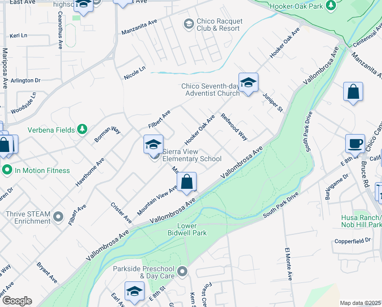 map of restaurants, bars, coffee shops, grocery stores, and more near 1686 Oak Vista Avenue in Chico