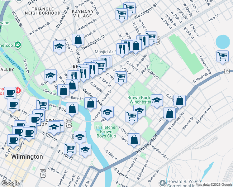 map of restaurants, bars, coffee shops, grocery stores, and more near 305 East 23rd Street in Wilmington
